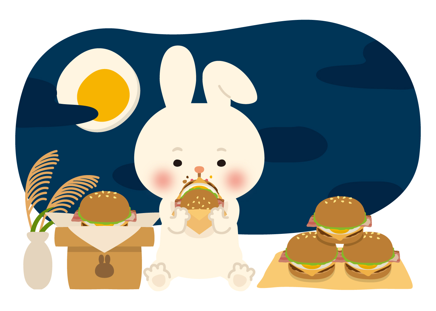 月見バーガーを食べるウサギのイラスト